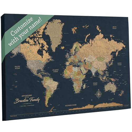 Holy Cow Canvas Personalized Push Pin World Map on Canvas in Classic Earth Tones on Navy Background, World Map Pin Board, Travel Tracker to Mark Places Traveled (Gallery Wrapped, 40" x 24")