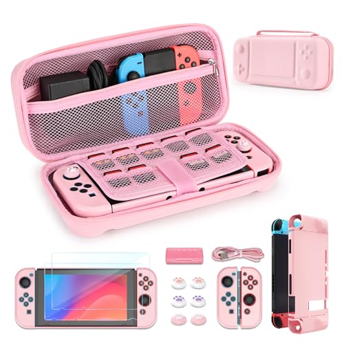 Younik 14-in-1 Switch Case Accessories Bundle, Large Carrying Case for Switch 2017, Switch Travel Case Fit for Console, J-con Grip, AC Adapter and Protective Accessories (Pink, Button Pattern)