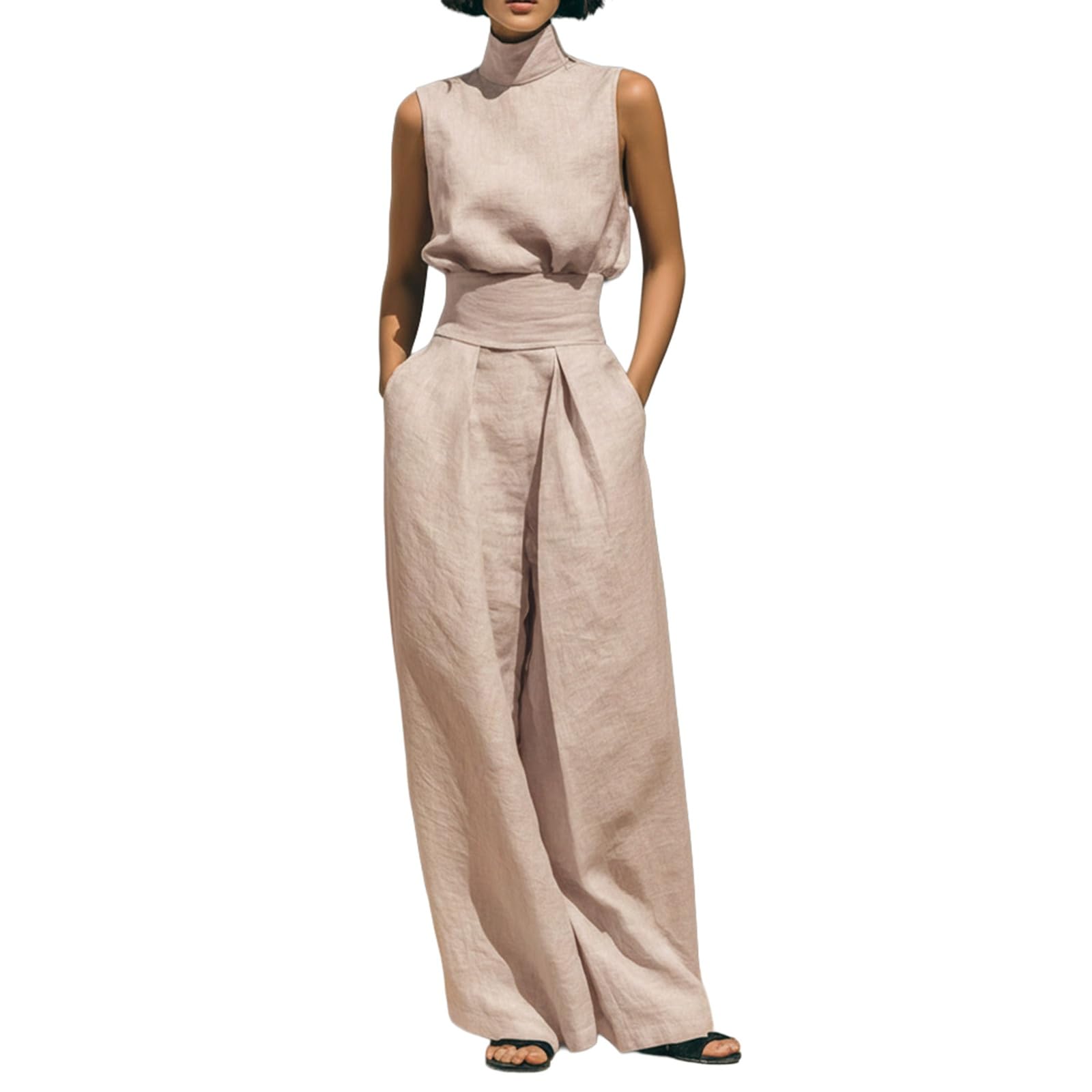 Femme Minimaliste Coton et Lin Mélange Sans Manches Blouse et Pantalon Large Set Lounge Lin 2 Pièces pour Femme Été