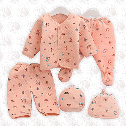 Image of Guru Kripa Baby Products Newborn Baby Winter Wear Keep Warm Cartoon Printed Baby Clothes Cotton Baby Boys Girls Unisex Baby Fleece Suit Infant Clothes 5 Pcs Sets Orange For 0-3 Months