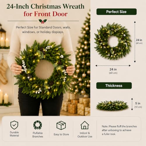 Couronne de Noël artificielle extérieure grand diamètre 61 cm avec LED