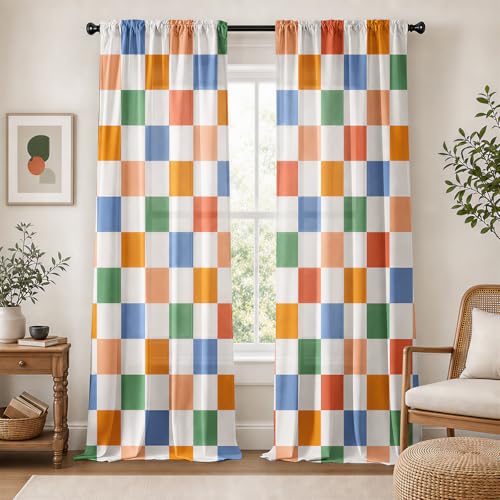Colorful Checkered Curtains for Bedroom Rod Pocket 60s 70s Semi Sheer Curtains Farmhouse Retro Checkerboard Light Filtering Drapes for Living Room Set of 2 Window Curtain Panels 52 x 84 Inch