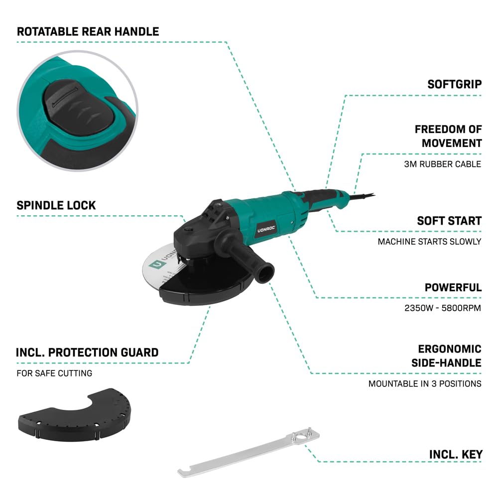 VONROC Smerigliatrice Angolare 2350W – Ø230mm | 5800 giri/min | Soft Start | Impugnatura Girevole | Cavo in Gomma 3m | Protezione Inclusa | Per Metallo, Cemento, Mattoni, Piastrelle