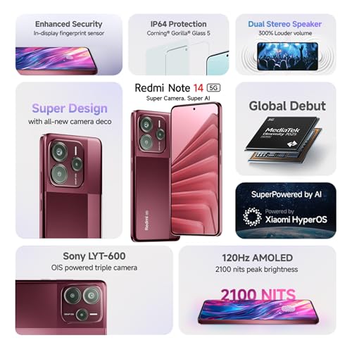 Image of Redmi Note 14 5G Crimson Art (8GB RAM 128GB Storage) | Global Debut MTK Dimensity 7025 Ultra | 2100 nits Segment Brightest 120Hz AMOLED | 50MP Sony LYT 600 OIS+EIS Triple Camera