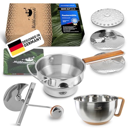 𝐌Ü𝐇𝐋𝐄𝐍𝐖𝐄𝐑𝐊 Passiermühle Edelstahl inkl. großer Schüssel & 3 Passiersieb-Einlagen [naturreines Eichenholz] 2,3 L Füllvolumen > Passiergerät für Soßen, Marmeladen, Apfelmus | Passetout ansehen