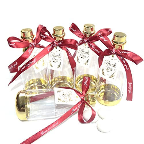 Lot de 24 mini bouteilles en plastique type champagne, boîtes à dragées ou bonbons, cadeaux invités mariage, fête, rouge avec ruban et étiquette