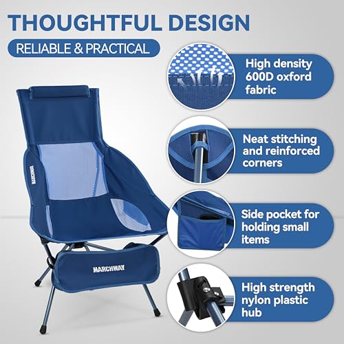 Image of MARCHWAY Lightweight Folding High Back Camping Chair with Head Support, Stable Portable Compact for Outdoor Camp, Travel, Beach, Picnic, Festival, Hiking, Backpacking (Highback Dark Blue)