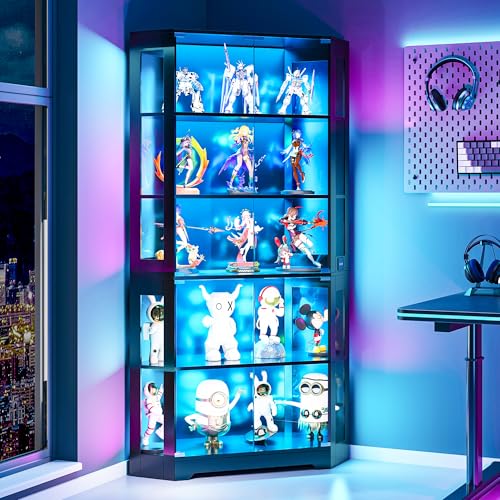 Wumagin Vitrina de Esquina de Cristal con Luces LED de 180 cm, Vitrina Expositora para Colecciones 5 Niveles con Luces Dinámicas y Sensor para Dormitorio, Salón (180 x 80 x 50 cm)
