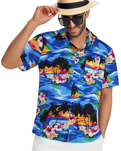 Image of Men Hawaiian Shirt Short Sleeve Summer Beach Button Down Shirts with Pocket