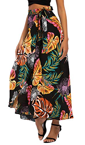 Kormei Women's Boho Floral Tie Up Waist Summer Beach Wrap Cover Up Maxi Skirt M Black