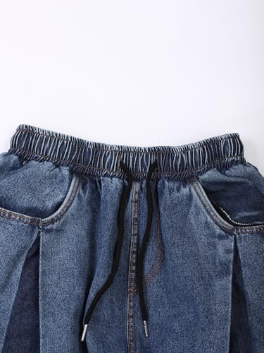 Women High Waist Navy Blue Denim Color-Block Wide Leg Jeans Loose Trousers3