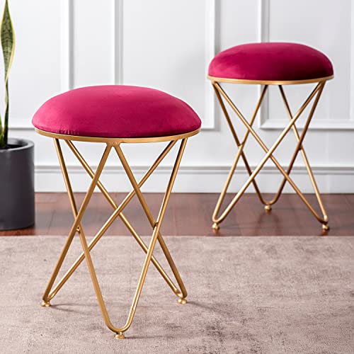 Image of nestroots Ottoman Stool for Living Room | Set of 2 Metallic Stools for Sitting, Bedroom Pouffes, Side Table | 22 Inches Height, Maroon Cross Design | Stylish & Durable Footrest Stool for Home