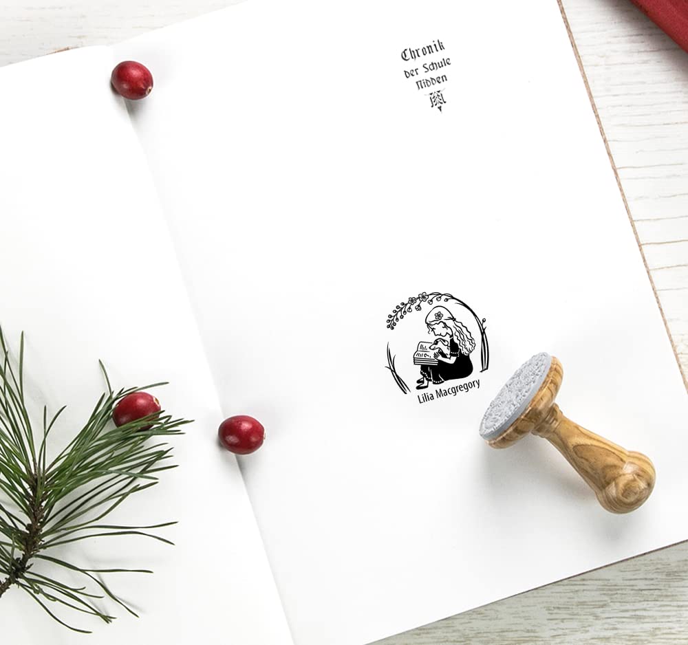 Ragazza e Cane Ex libris Timbro Personalizzato, Migliori Amici Lettura Estiva Sotto i Fiori, Legno Rotondo 40mm, Scatole Regalo