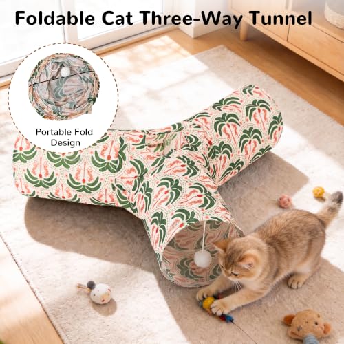 Image of Tempcore Cat Tunnel, 3-Way Collapsible Toy, Large Size Khaki Coconut Tree | Large Size 3-Way Cat Tunnel Provides More Room for Cats to Run, Hide and Chase, with Peek Holes, Hanging Ball and Teaser Wand