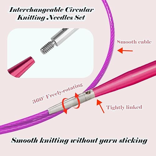 Miniatura 8 de Yarniss Juego de 13 pares de agujas de tejer circulares, agujas de tejer intercambiables de aluminio con accesorios y estuche