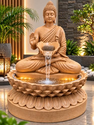 Image of G - Creations : Buddha Waterfall Fountain, Beige, Fibreglass, 2 Feet Height, Water Feature with Lotus Base, Corded Electric for Home | Office | Outdoor| Indoor and Porch Area