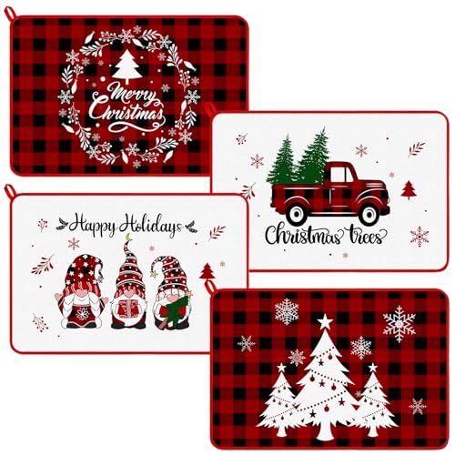 Zonon 4 Pcs Christmas Tree Dish Drying Mat for Kitchen Counter 16 x 24 Christmas Truck Microfiber Absorbent Dish Drainer Rack Pads Buffalo Paid Gnome Dishes Fast Dry Dish Mat Xmas Vintage Kitchen