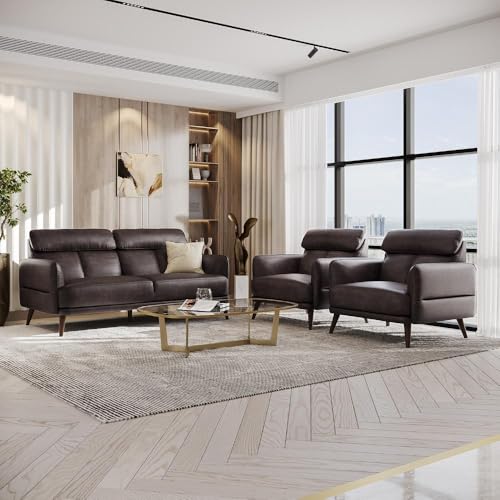 Image of Wakefit Sofa Set | 5 Year Warranty | Sofa 5 Seater, 5 Seater Sofa for Living Room, Wooden Sofa Set, Sofa Set 3+1+1 Seater - Azores(Robin : Brown)