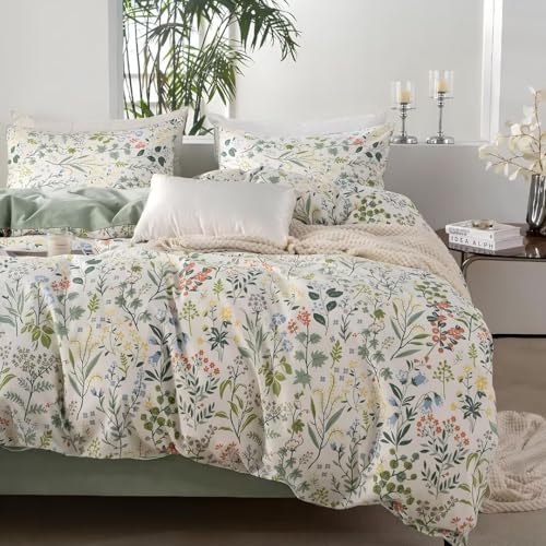 Image of MKXI Queen Size Wildflower Duvet Cover Set Sage Green Spring Floral Bedding Set Rustic Cabin Duvet Cover Green and White Botanical Duver Cover Fresh Bedding Collection 100% Cotton