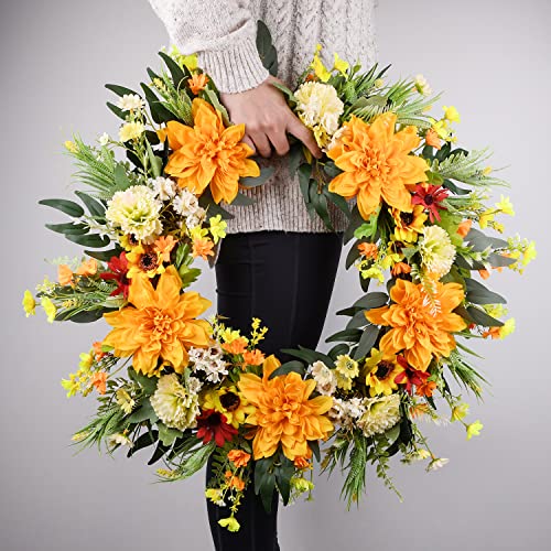 Techken Door Wreath For Spring Summer Dahlia Wreath With Blossom Yellow & Orange Farmhouse Wreath On Grapevine For Front Door, Wall, Window Wreath 22-24Inch #TOP1