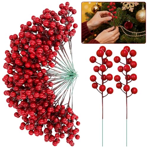 Grandeal 50 Pack Red Berry Stems Artificial Holly Berry Christmas Picks Sprays for Christmas Tree Decorations, Fake Fruit Vase Filler DIYs Wreath Crafts Xmas Ornament Wedding Party Home Decor by Grandeal - Used condition - US$7.50