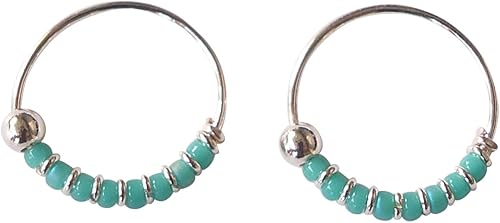 Miniatura 5 de Handmade Silver Pair of Small 12MM Beaded Hoop Earrings, 925 Sterling Silver, Thin 22Gauge Turquoise Color Beads Hoops for women