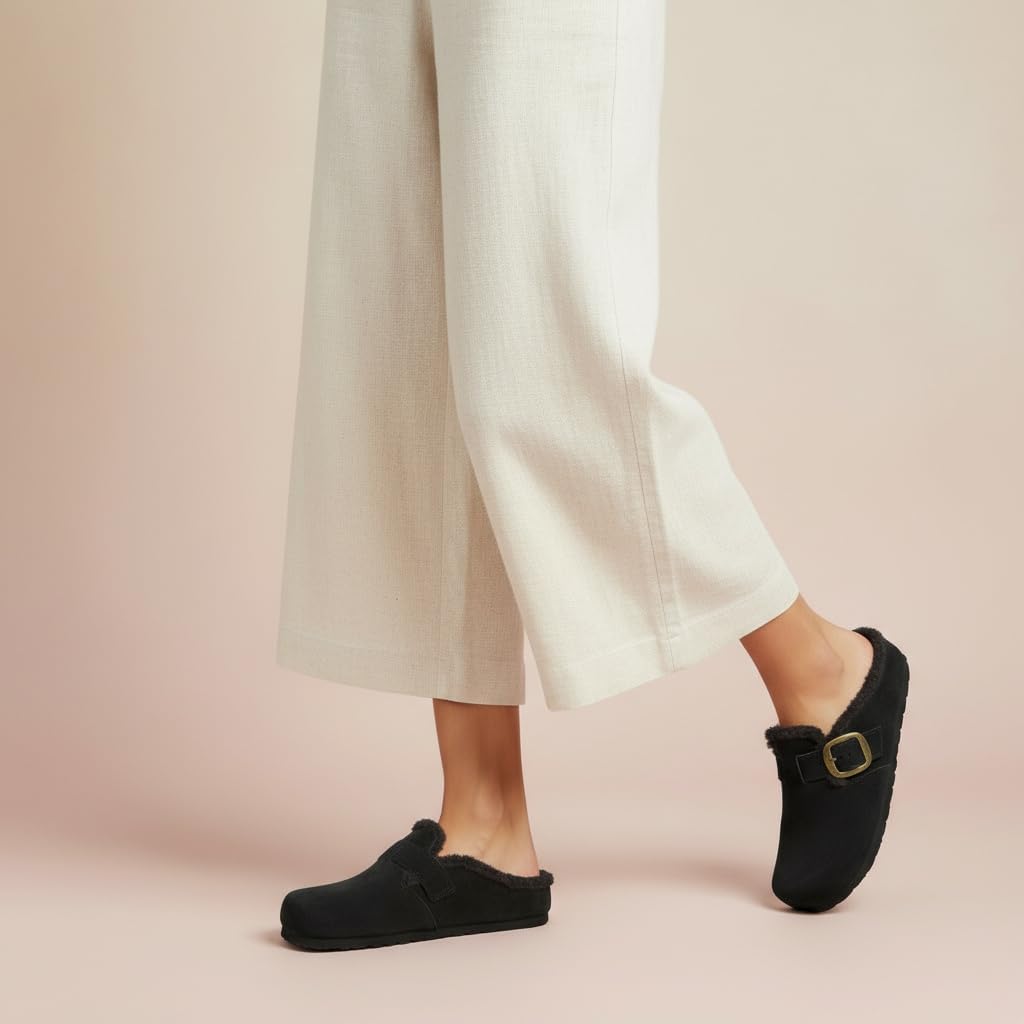 CUSHIONAIRE Haven Genuine Leather Clogs for Women – Faux Fur Lined Slip-On Womens Shoes with Cork Footbed and Adjustable Buckle - Image 8