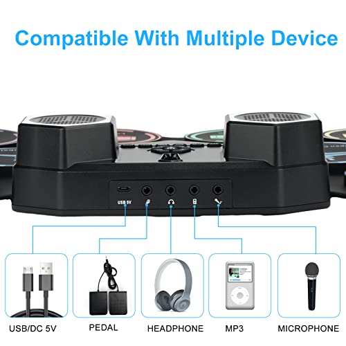 Image of Electronic Drum Set,Marrilley 9 Drum Pad With Headphone Jack,Bigger Roll-up Drum Pad, Built-in Dual Stereo Speakers, Drum Sticks, Foot Pedals 10 Hours Playtime,Ideal Christmas Holiday Gift for Kids