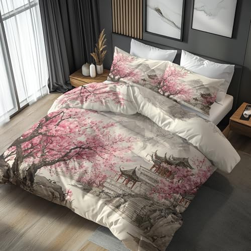 Generisch Parure De Lit 160x200 Japon 2 Personnes Adulte Enfant, Housse De Couette Asiatique Paysage Chine 160x200 avec Fermeture éclair, Taie d'oreiller