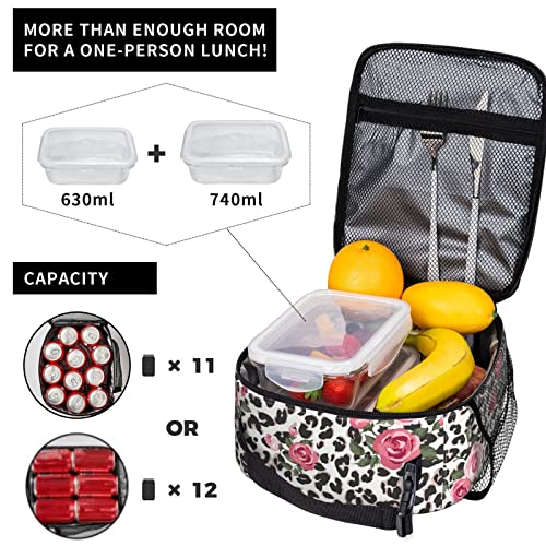 Kiuloam Insulated Lunch Box Pink Rose Flower Leopard Cheetah Print Reusable Lunch Bag With Shoulder Strap For Women/Men/Girls/Boys Lunchbox Meal Tote Bag #TOP3