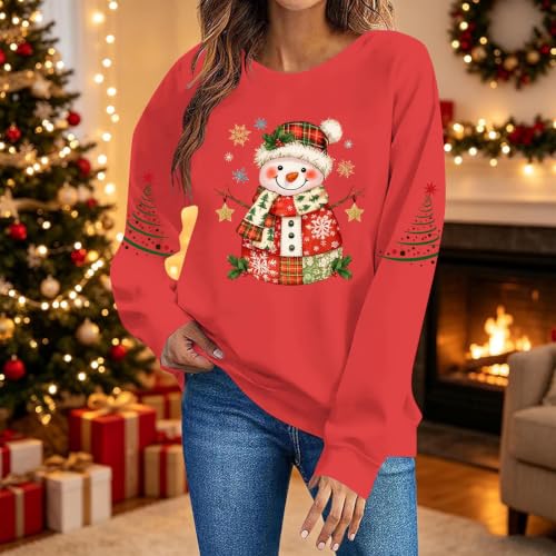 Aymnlox Womens Christmas Snowman Sweatshirt Festive Graphic Crewneck Long Sleeve Pullover Holiday Winter Funny Cute Top ugly christmas sweatshirt women funny Red S - image 6