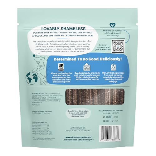 Image of Shameless Pets Blueberry & Mint Dental Chews for Dogs, 32 Chews - Natural Dog Teeth Cleaning Treats with Fresh Breath Benefits | Grain-Free Dental Sticks for Small, Medium & Large Dogs