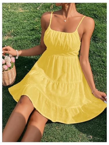 Image of Floerns Women's Swiss Dots Sleeveless Ruched Bust Ruffle Hem Cami Short Dress