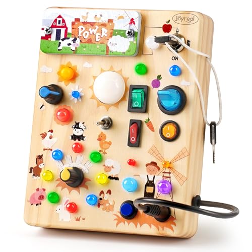 Joyreal Wooden Busy Board with LED Light Montessori Toddler Toys Wooden Sensory Board Toddlers Activity Travel Toys for Boy & Girl Birthday Gift (Farm Theme)