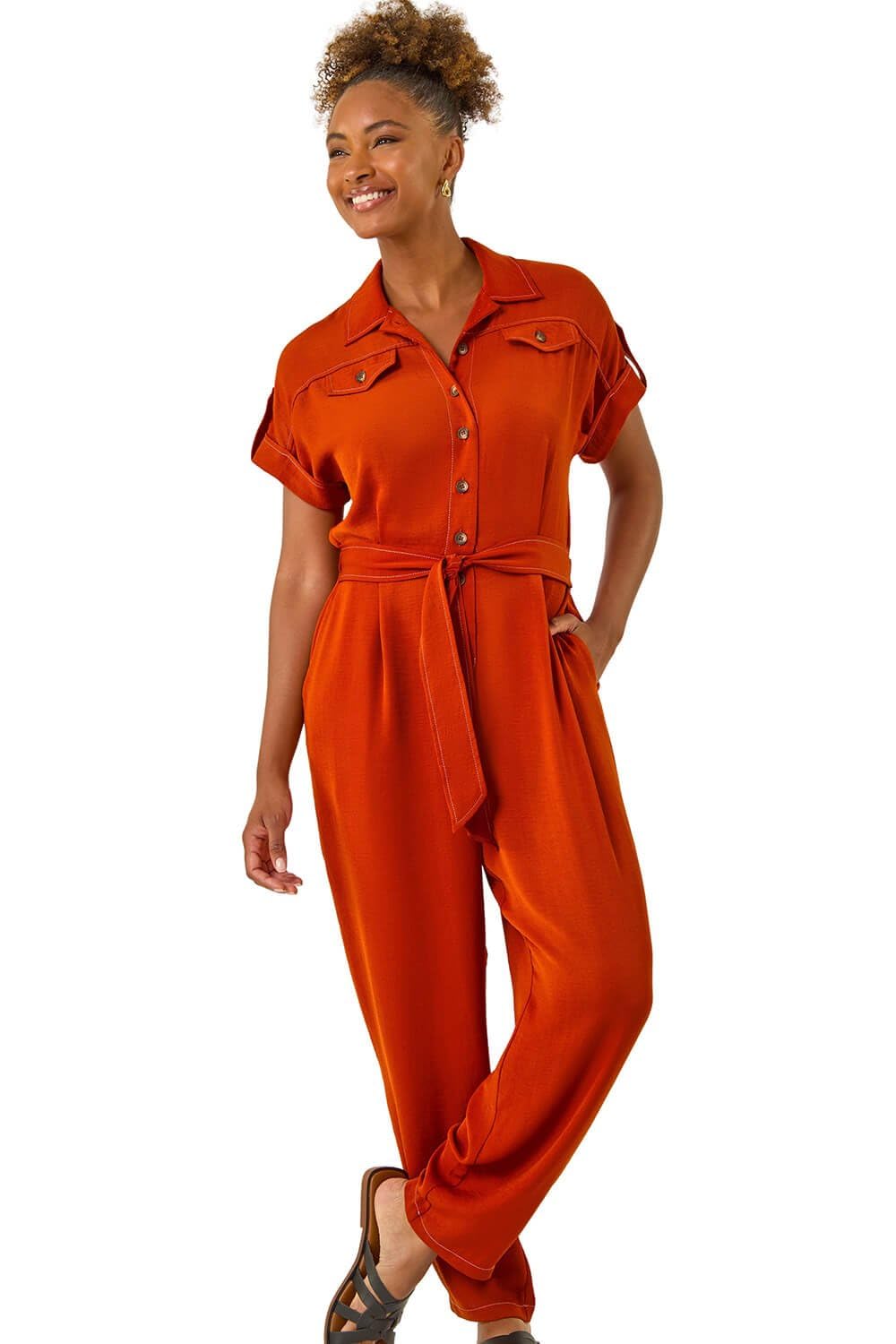 Roman Originals Utility Buttoned Jumpsuit for Women UK - Ladies Everyday Holiday Spring Summer Collar Neckline Comfy Soft Evening Vacation Work Party - Rust - Size 20 Orange