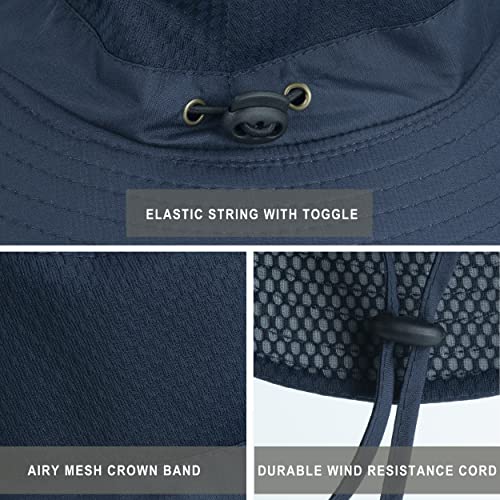 Koreshion Mens Sun Hat Wide Brim Breathable Mesh UPF 50+ Bucket Hat Waterproof Fishing Hat Quick-Drying Safari Hat Foldable Boonie Cap Outdoor Sun Protection Cap Navy Blue