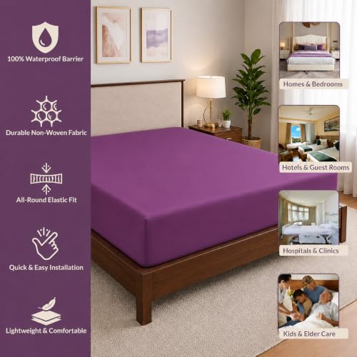 Image of 100% Waterproof Mattress Protector Double Size Bed 48x75 Inch, Non Woven Fabric Fitted Mattress Cover with Elastic, Waterproof Bed Protector, Hypoallergenic, 10 Inch Deep Pocket - Wine Purple