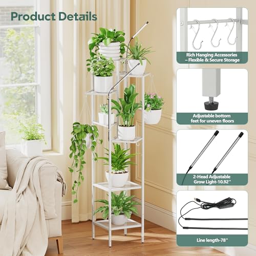 Image of Quikraen 8-Tier White Plant Stand with Grow Lights, 58.5 inch Tall Ultra-Narrow Corner Plant Shelf with 2-Head LED Grow Light & Hanging Hooks, Space-Saving Metal Flower Pot Holder Rack for Indoor Plants, Patio, Balcony