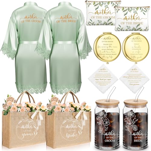 Image of Hushee 12 Pcs Mother of the Bride Groom Gift Set: Satin Robes for Women Tote Bags Makeup Bags 16oz Glass with Straws Handkerchiefs Mirrors for Mom Bridal Shower Wedding Gifts(Sage Green,Leaves)