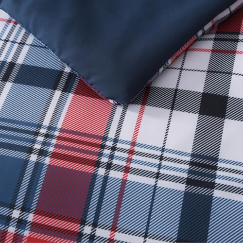Image of MaiReve Full Size Plaid Comforter Set Navy Red, Classic 7 Pieces Farmhouse Bedding Set, All Season Lightweight Bed in A Bag with Sheets, Pillowcases & Shams