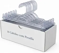 10 Cabides com Presilha em Acrílico Transparente, Cabide Saia, Shorts e Calça.