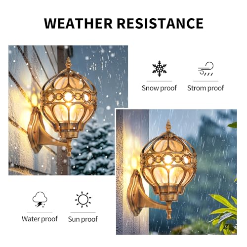 Gold Outdoor Wall Light Fixtures, Globe Exterior Aluminum Waterproof Porch Lights, Sphere Anti-Rust Outside Lantern Wall Mount with Amber Glass for Patio Backyard Garage Doorway Front Door