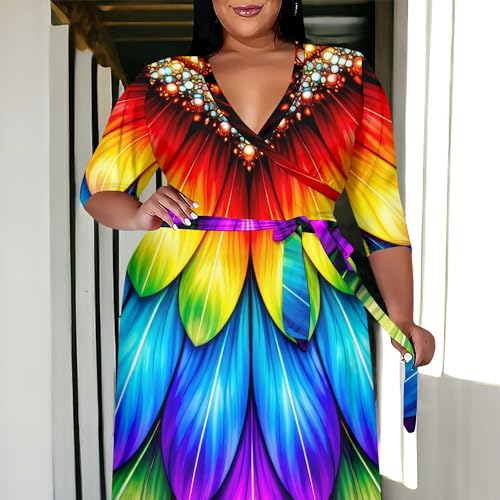 Image of SUZONANA Plus Size Maxi Dresses for Curcy Women Casual Loose 3 /4 Sleeve Long Dress with Belt