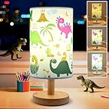 Dinosaur Table Lamp, Boys Lamps for Bedroom, 3-Way Dimmable LED Reading Lamp with Cartoon Pattern Printed Shade and Wooden Base for Living Room Kids Room Decor, Dinosaur Lamp Gifts for Boy or Girl