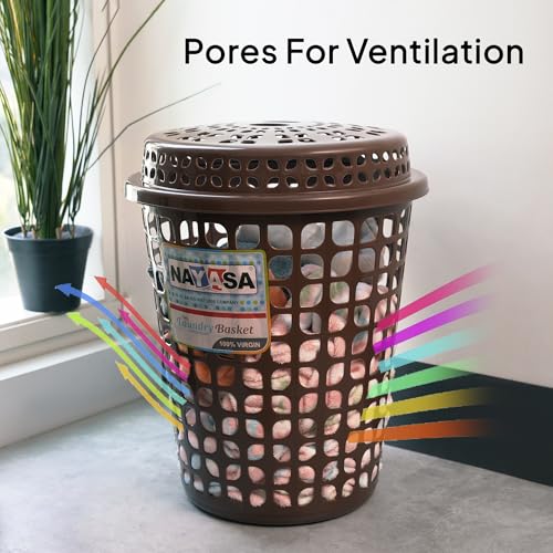 Image of Nayasa Plastic Laundry Basket with Lid - 44 Ltrs | Ventilated Clothes Hamper with Easy-Grip Handles | Clothes & Toy Storage Organizer |(Round Petal) Brown