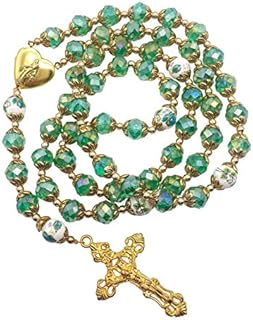 Nazareth Store Green Crystal Beads 10mm Gold Rosary Flowers Beaded Necklace Miraculous Heart Locket Medal & Cross Religious Women Men Amulet 21" in Velvet Bag