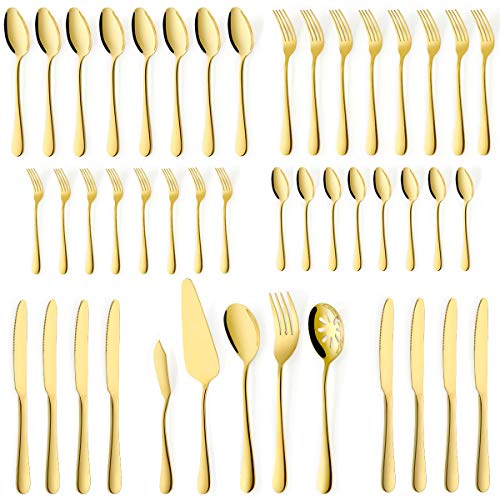 OGORI 45-Piece Gold Silverware Set for 8 Stainless Steel Flatware Set with Serving Set Cutlery Set Mirror Polished Dishwasher Safe