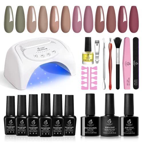 Beetles Gel Nail Polish Kit With U V Light Starter Kit, 6 Colors Nude Purple Beige Eucalyptus Green Gel Polish With 48W Nail Lamp Base Top Coat Manicure Diy Home Gifts For Women Girls #TOP11