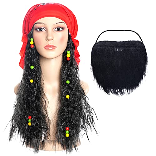 Miayon Halloween Pirate Costume Accessories Captain Dress Up Set Long Hair Wig Head Scarf Fake Beard Pirate Captain Accessories for Halloween Masquerade Carnival Cosplay Decoration