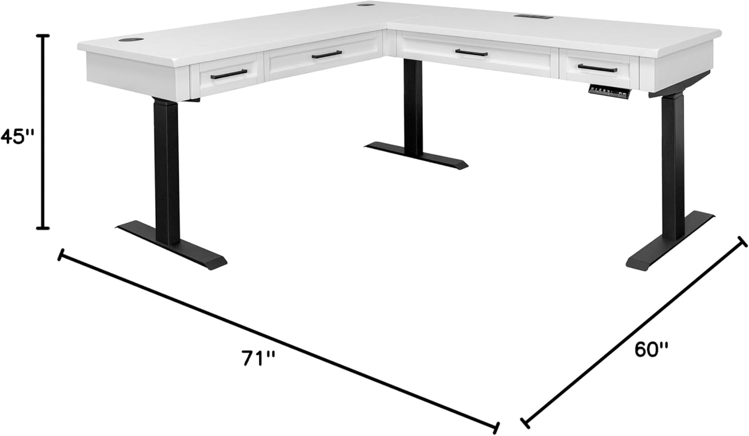 White Adjustable Height L-Desk with USB Ports and Drawer